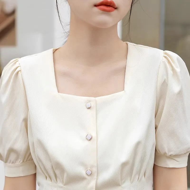 Temperament Short Bubble Sleeve Shirt for Women French Square Neck Elegant Design Office Lady Shirts Summer New Cropped Tops