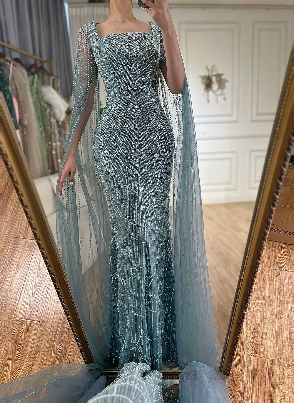 Serene Hill 2024 Saudi Arabic Turquoise Mermaid Evening Dress With Beaded Cape Sleeves For Formal Occasion BLA72590A
