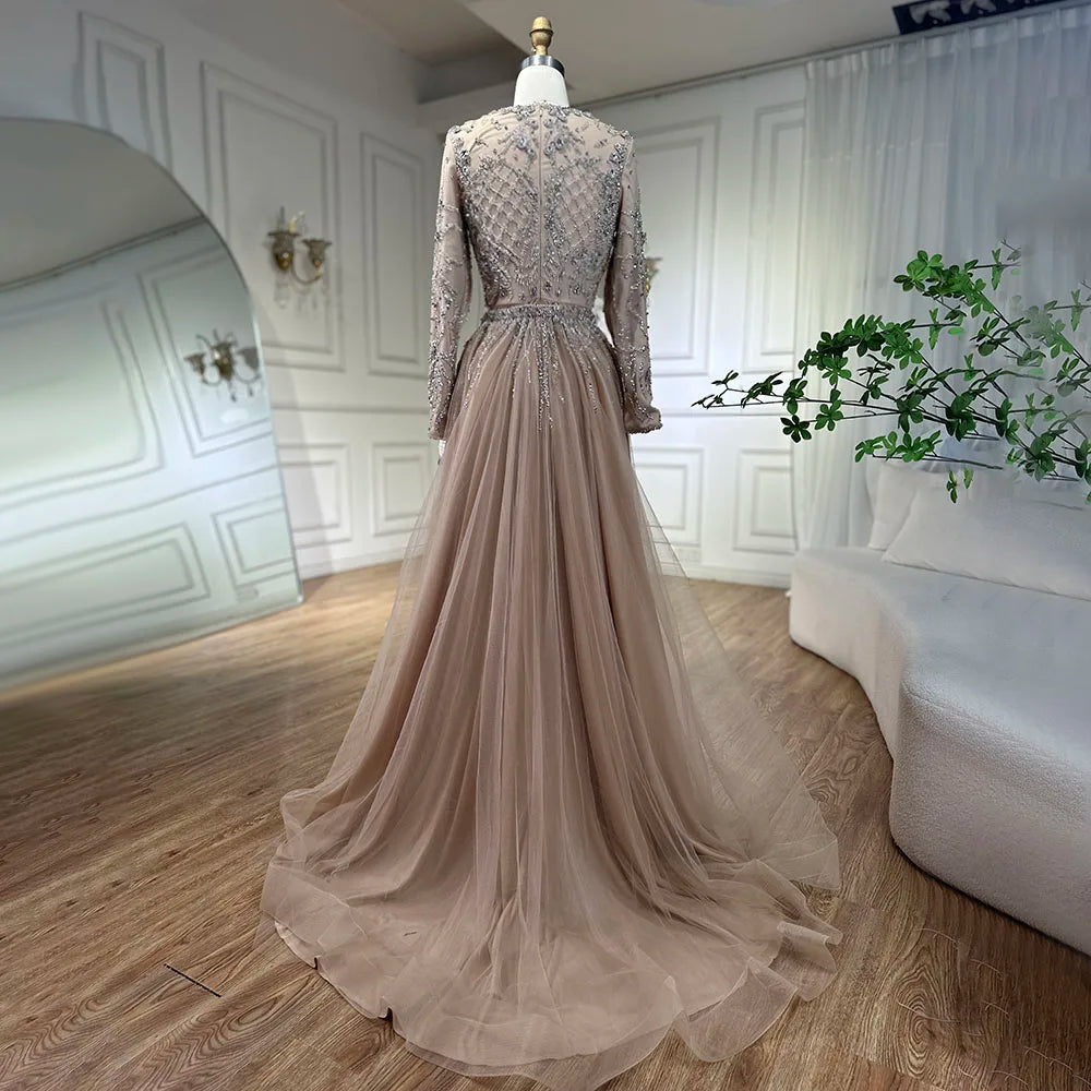 Serene Hill Muslim Silver Nude Mermaid Gown with Detachable Overskirt Beaded Evening Dress for Women Wedding Party 2024 LA71919