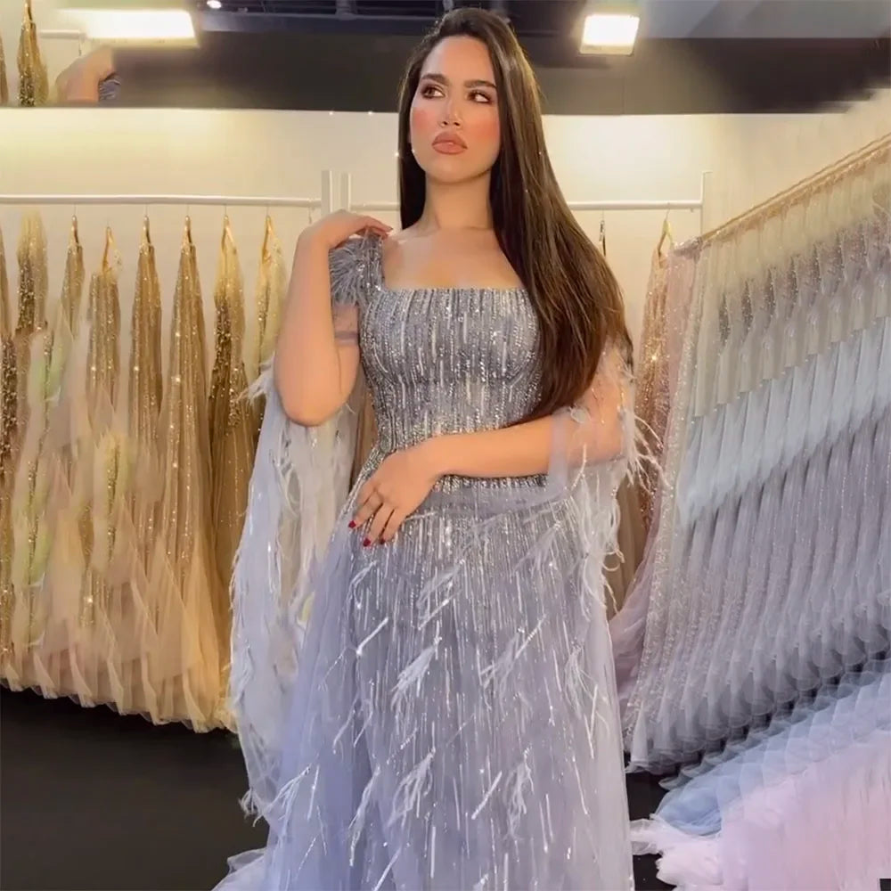 Serene Hill Luxury Dubai A Line Blue Cape Sleeves Feathers Beaded Evening Dresses Gowns 2023 For Women Wedding Party BLA72236
