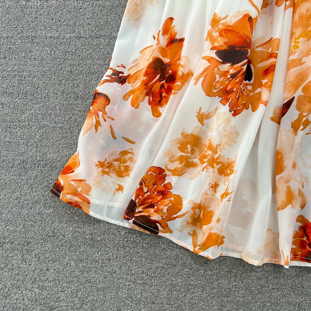 Elegant Casual Women Fashion Floral Print Long Dress Vintage Pleated A-Line Maxi Boho Beach Party Robe Female Clothes Mujers