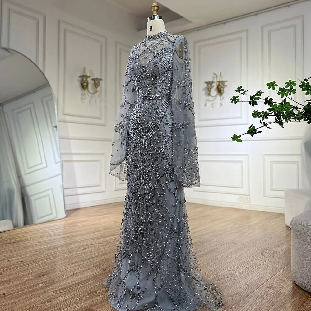 Serene Hill 2024 Muslim Nude Mermaid Elegant Bell Sleeve Beaded Luxury Dubai Long Evening Dress for Formal Occasion LA72316A