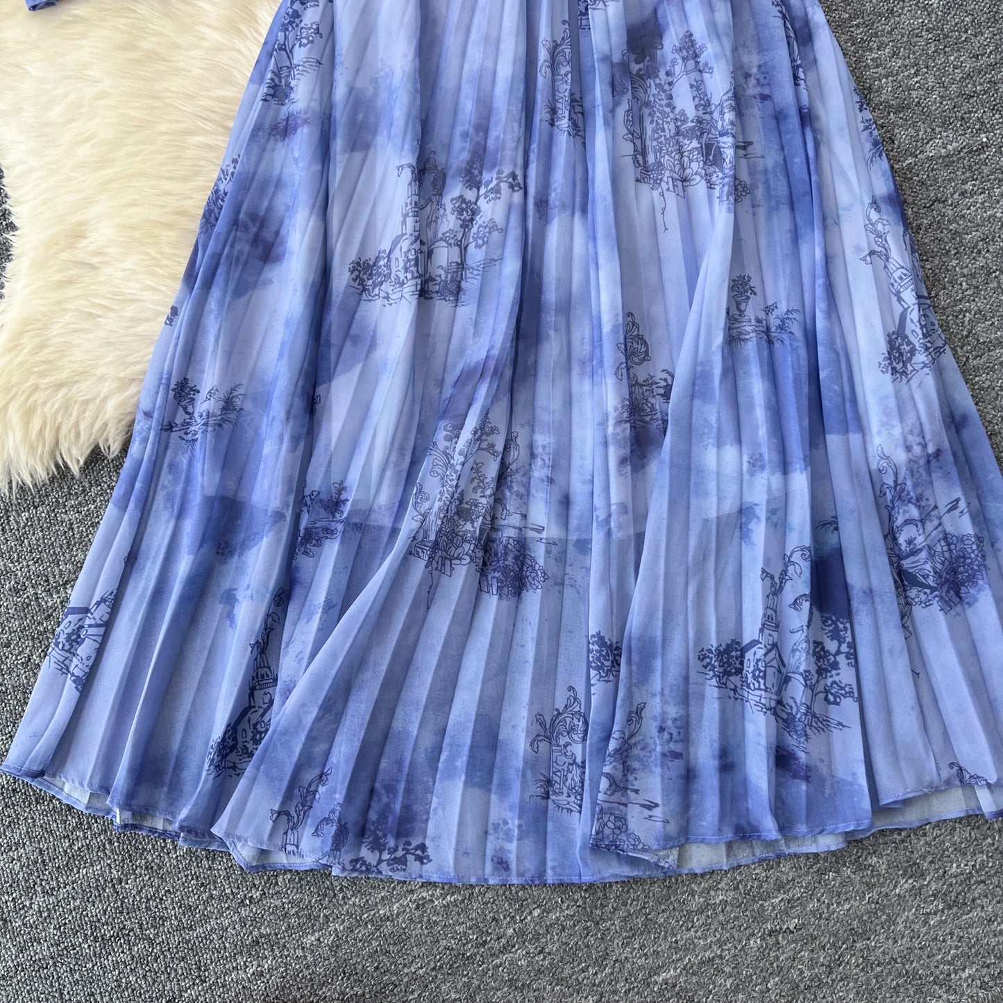 Women Chic Print Sweet Two Pieces Sets Bow Lantern Long Sleeve Top High Waitst Wide Skirt Fashion Summer Sets