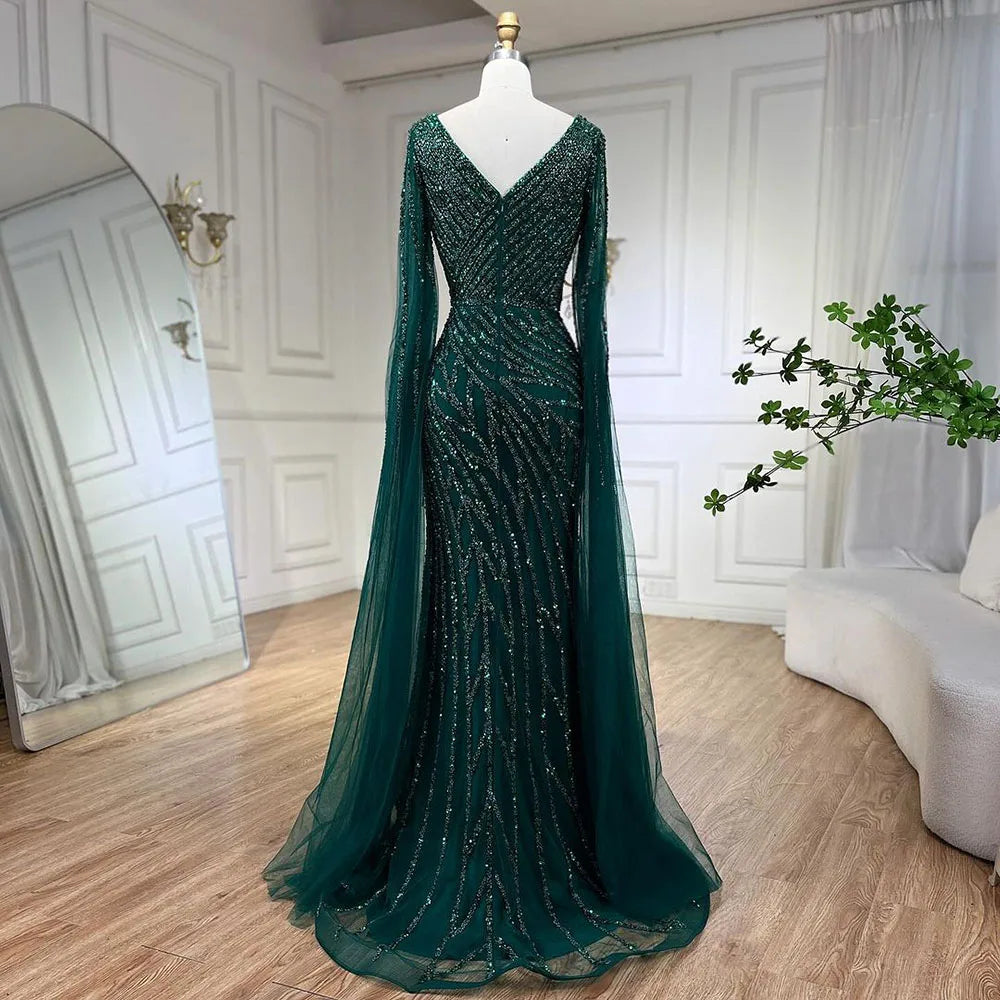SERENE HILL 2024 Arabic Dubai Caramel Mermaid Luxury Beaded Evening Dresses Cape Sleeves Gowns For Women Wedding Party GLA71493A