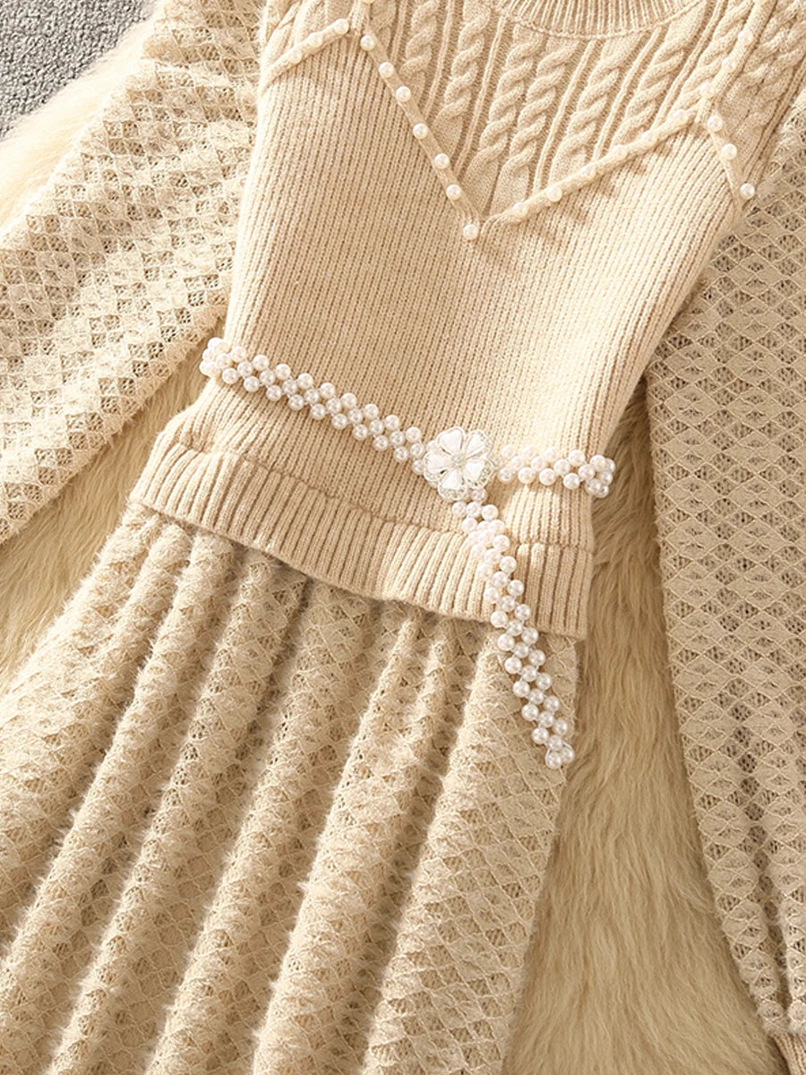 Long Sleeved Knitted Patchwork Dress Sweet O-neck Embroiled Flares Pullover Solid High Waisted A-line Dresses New Autumn 2024