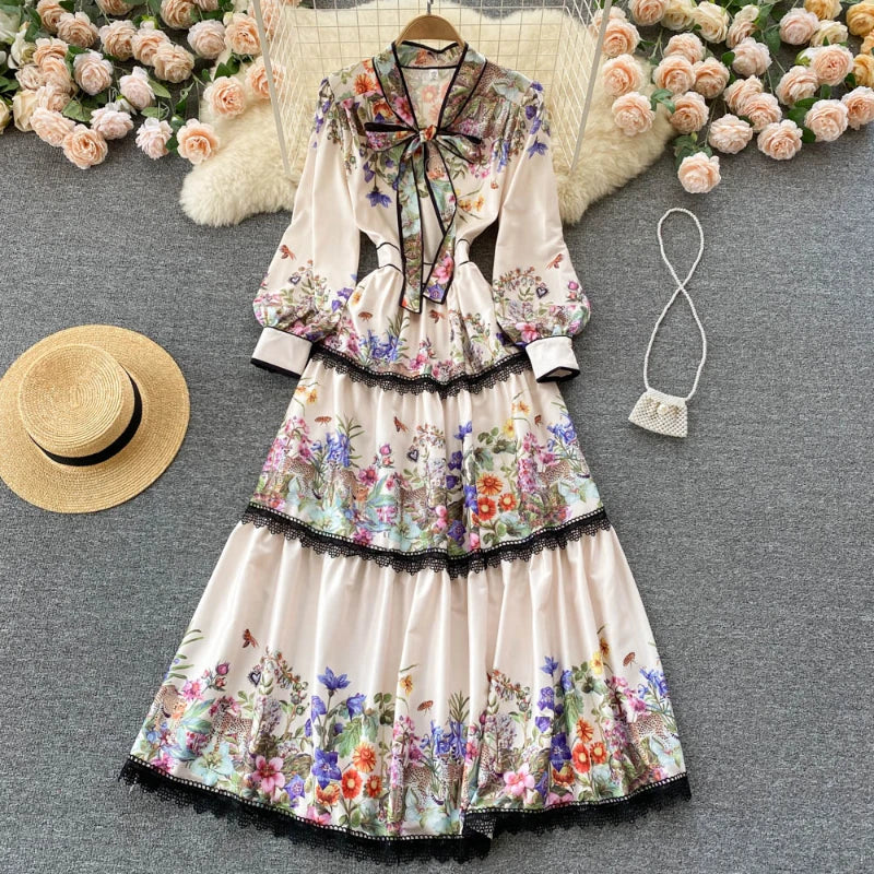 Vintage Elegant Long Dress Women Slim Floral Printed Party Dresses Tie Bow Elastic Waist Lantern Long Sleeve Long Robe Vestidos