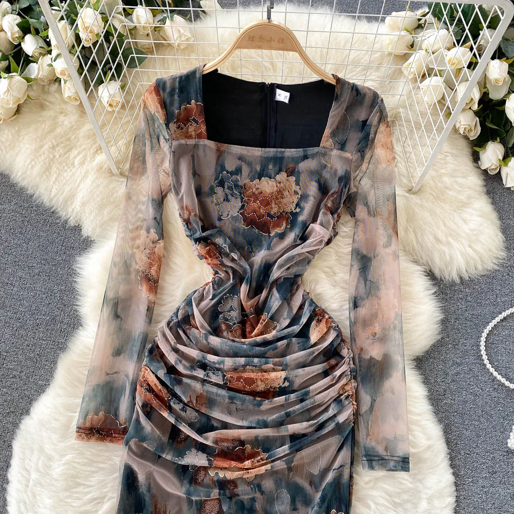 Elegant High Waist Fashion Print Pleated Split Dress Long Sleeve Square Neck Vestidos Autumn Winter Pencil Dress