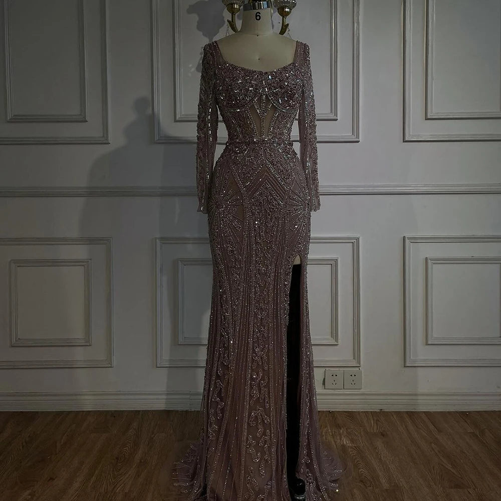 Serene Hill 2024 Women Wedding Parties Dubai Arabia Luxury Beaded Evening Dresses Gowns Green Elegant Split Mermaid LA72518