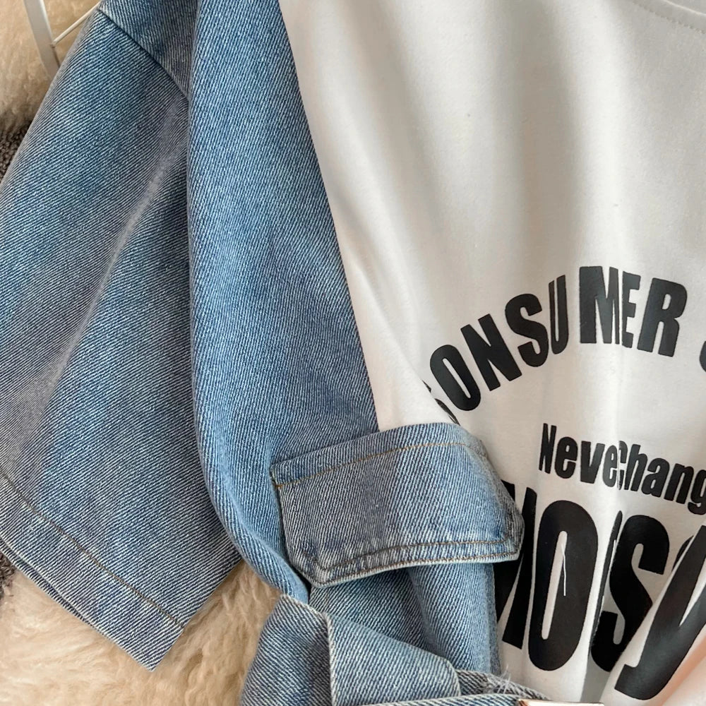 Women Summer Casual T Shirt Short Sleeve Streetwear Patchwork Denim Long Shirts Female O-neck Slim Jeans Tops