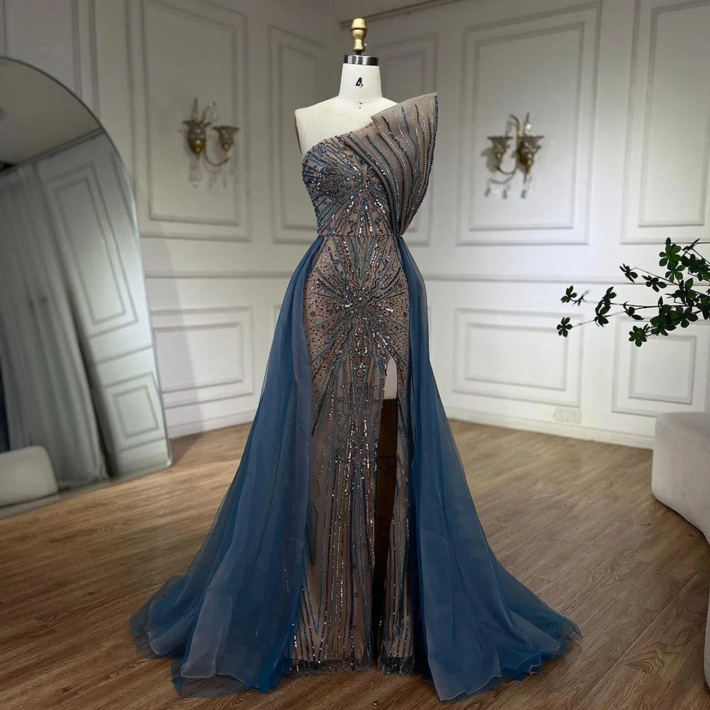 Serene Hill Blue High Split With Overskirt Mermaid Luxury Beaded Dubai Evening Dresses for Women Wedding Party 2024 LA71921A