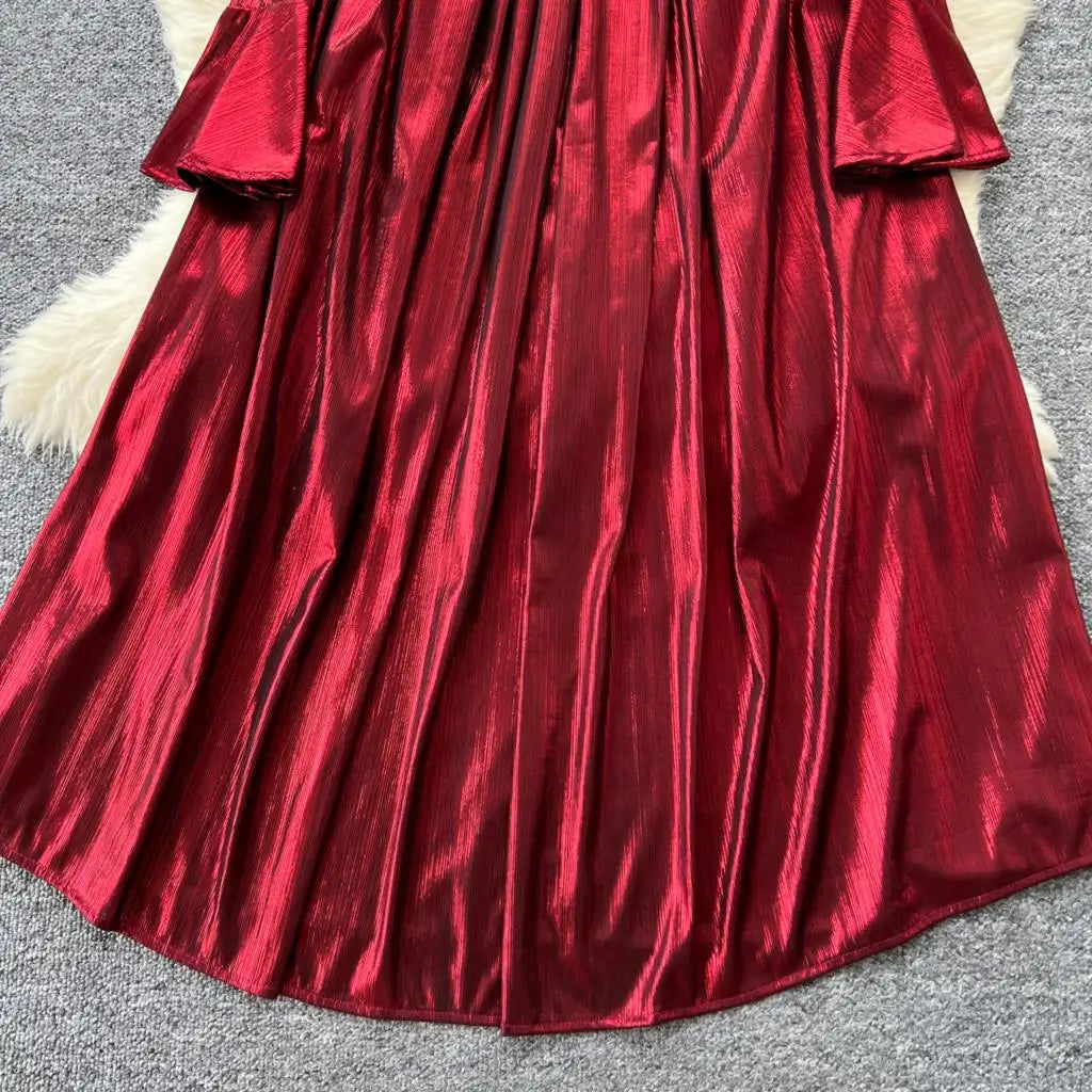 Autumn Vintage Pleated Women Long Dress Elegant Stand Collar Solid A-Line Party Prom Vestidos Female Birthday Clothes Mujers