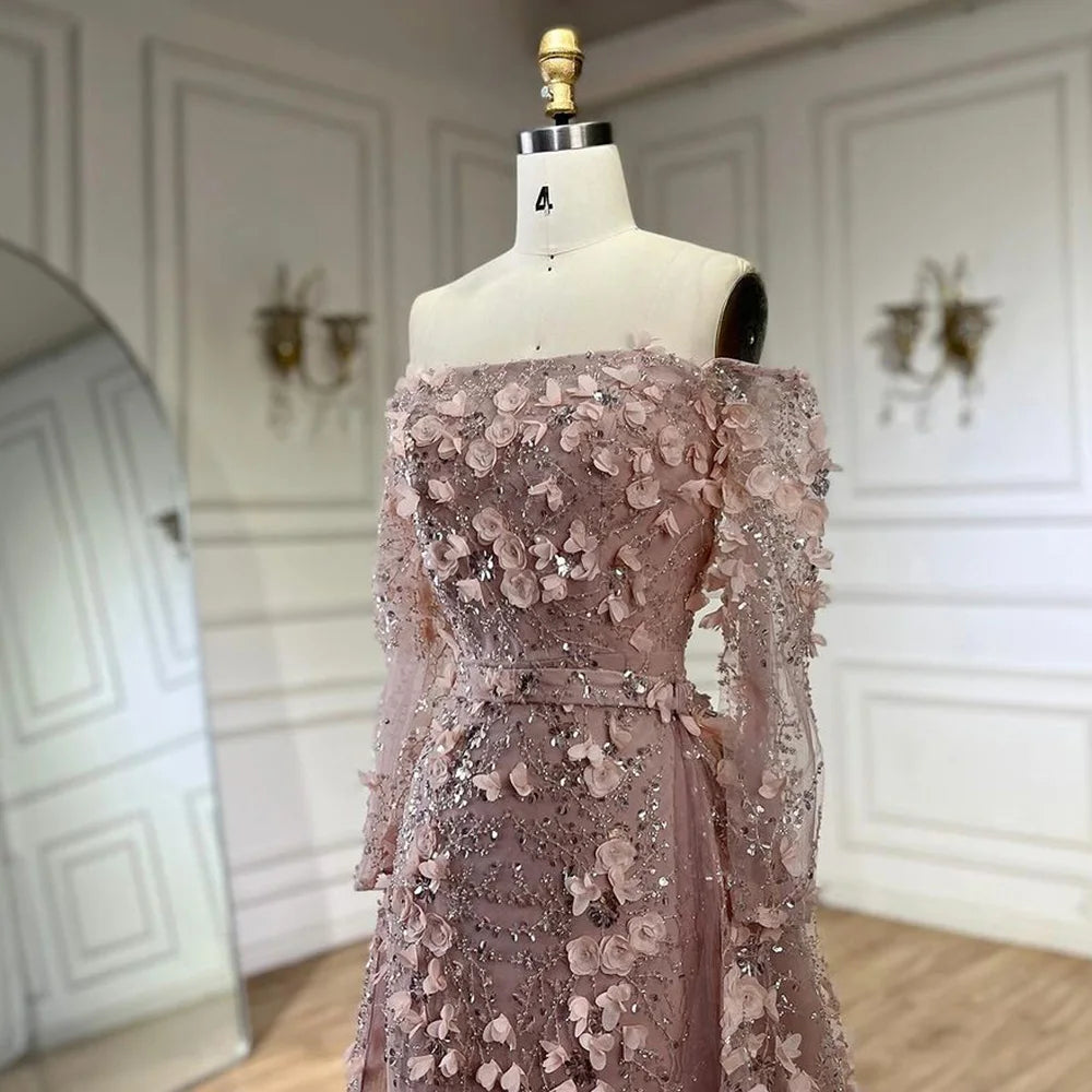 Serene Hill 2024 Pink Strapless Back Lace-Up Mermaid Evening Gown with Overskirt and Appliques for Women | Wedding Party LA72641