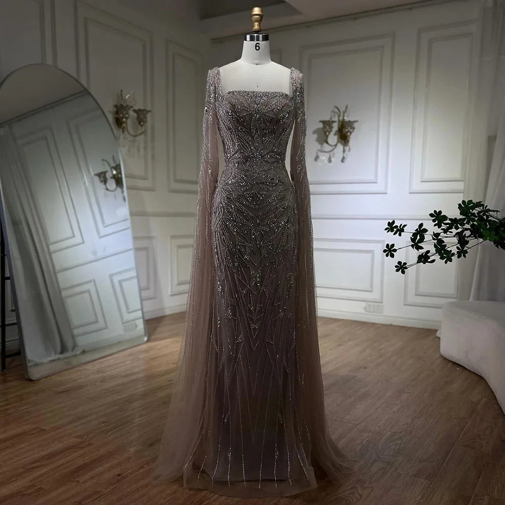 Serene Hill Arabic Pink Cape Sleeves Mermaid Dubai Evening Dresses Beaded Luxury Wedding Party Gowns For Women 2024 LA72261