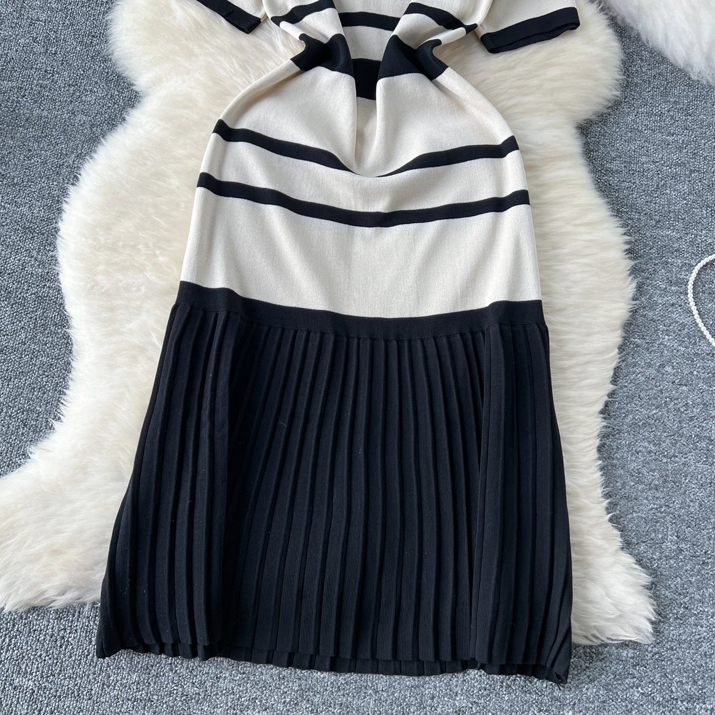 Sexy Chic short sleeve PATCHWORK v-Neck Striped Knit Dress Elegant Fashion Party Slim Summer A-line sweet dresses