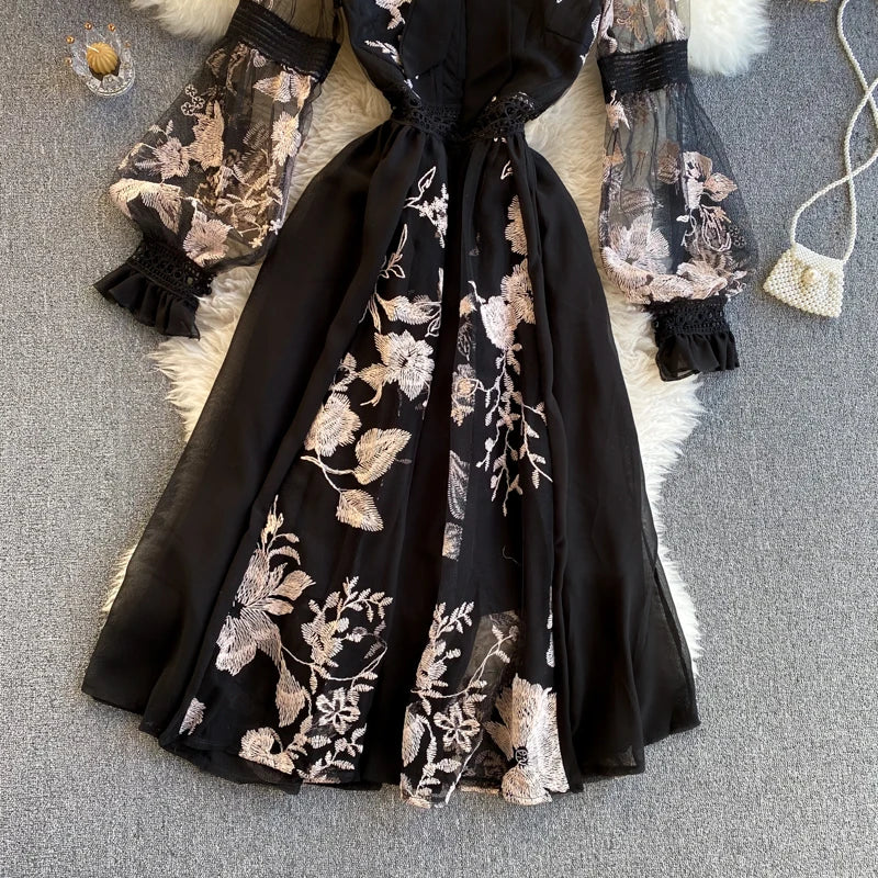 Retro Print Floral Embroidery Elegant Lace Up Dress A-line Long Sleeve Casual O-neck High Waist Dress Women Ceremonial Dress