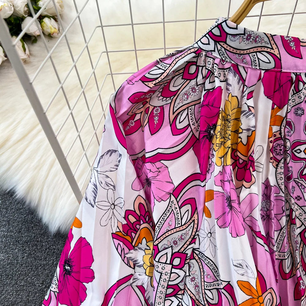 Elegant Women Casual Floral Print Party Dress Vintage Lantern Sleeve A-Line Pleated Prom Birthday Clothes Female Fashion Robe