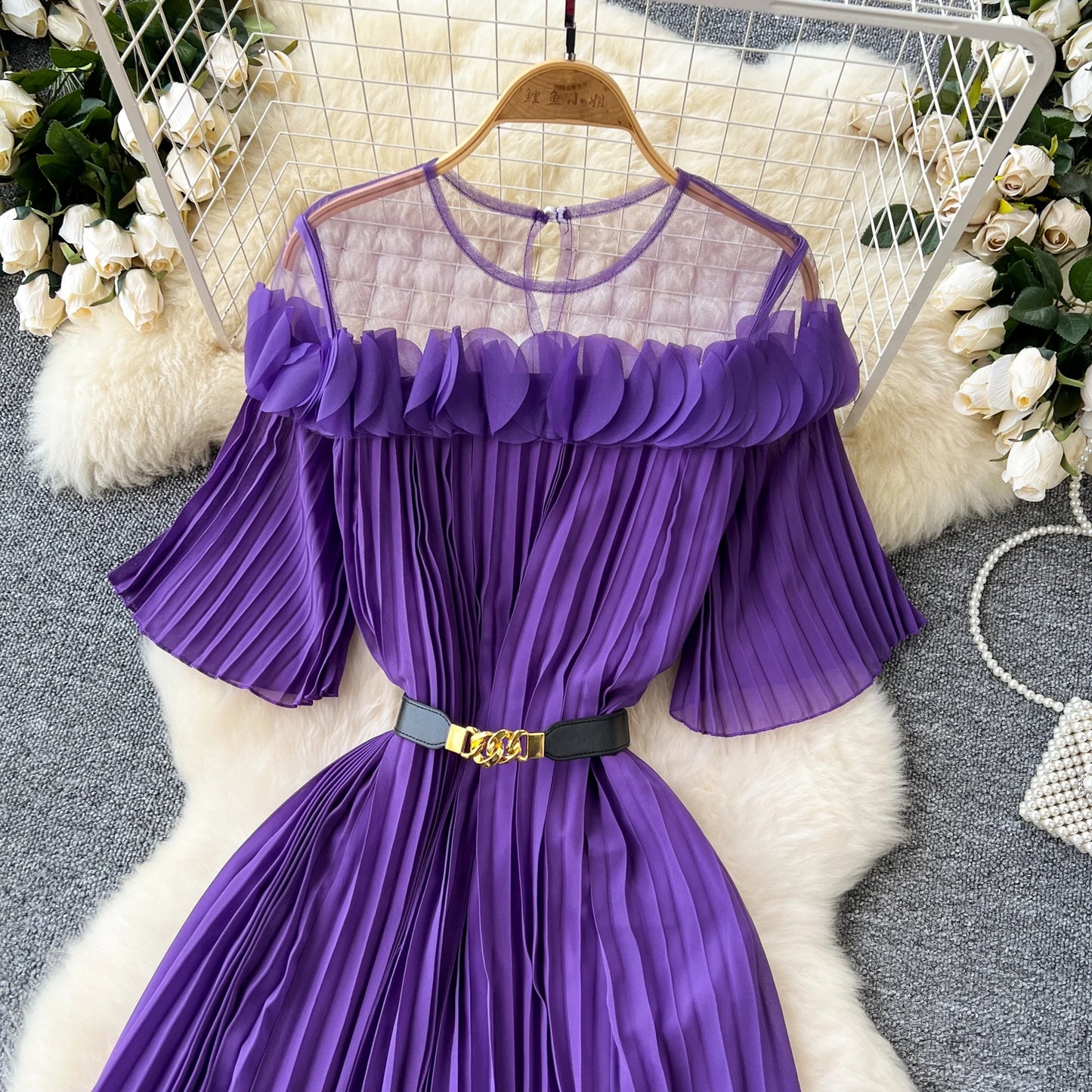 French mesh PATCHWORK Three-dimensional flower Sweet Dress Women Summer Waist Cinching pleated chiffon Dresses