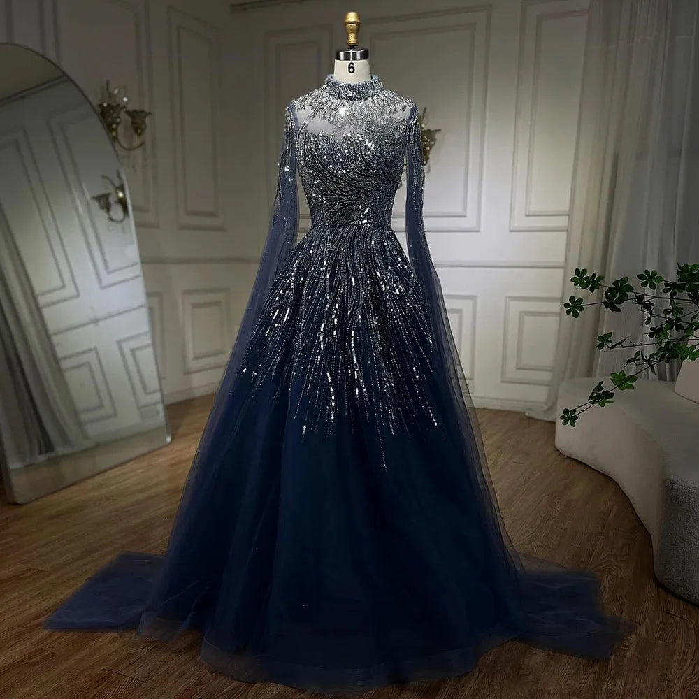 Serene Hill Caramel Luxury Evening Dresses with Cape Sleeves A-Line Beaded Lace Gown For Women's Wedding Party 2024 LA72386