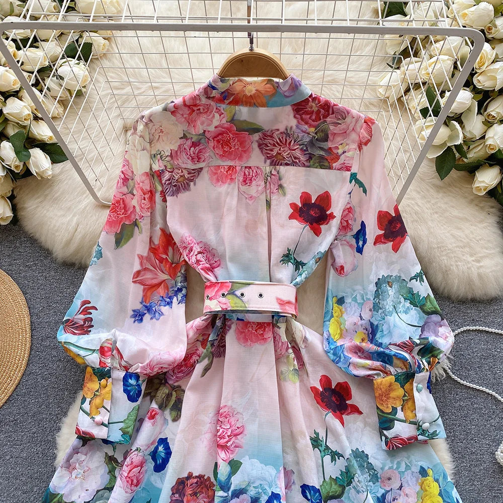 Mini Dresses For Women Frill Trim Long Sleeve Spring Vacation Dress Stand Collar Elegant Vintage Floral Print Dress With Belt