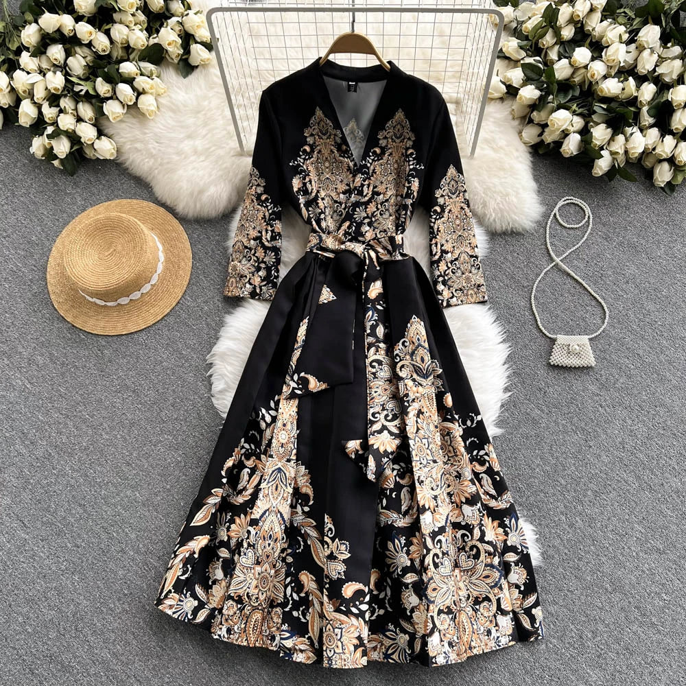 Pinkou Women Elegant Print Maxi Dress Cross V Neck Bow Tie Sashes Three Quarter Sleeve Female Chic Wrap Dresses Vestido QA815