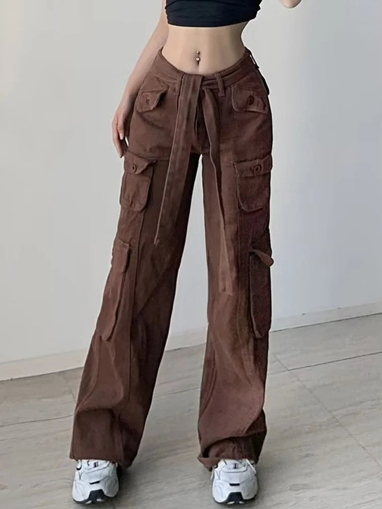 Women's High Waist Cargo Pants with Lace Belt Street Multi Pocket Straight Leg Casual Trousers Spring Autumn New Y2K Vintage