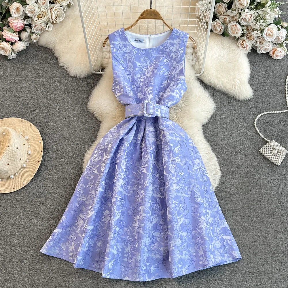 Women Vintage Floral Dresses Summer Slim A-line Sleeveless Party Dresses Ladies Elegant O-neck Casual Midi Dress Vestidos