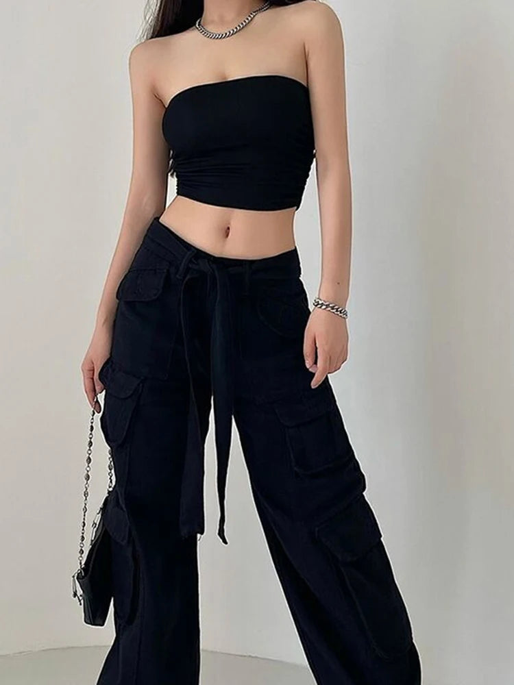 Women's High Waist Cargo Pants with Lace Belt Street Multi Pocket Straight Leg Casual Trousers Spring Autumn New Y2K Vintage