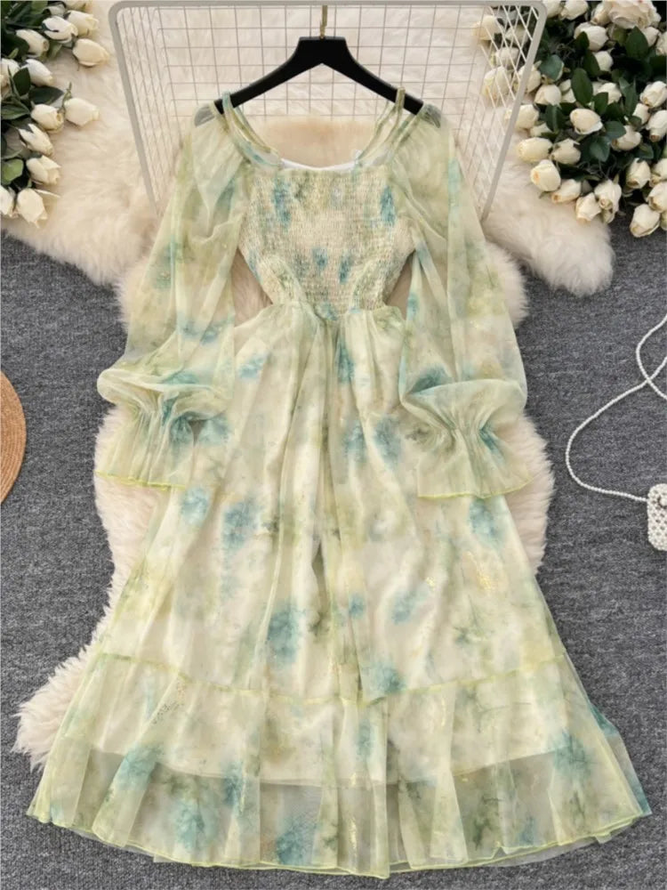 Elegant Bright Silk Print Party Dress for Women Casual Off Shoulder Spaghetti Strap Flare Sleeve Slim Waist Vestidos A-Line Robe