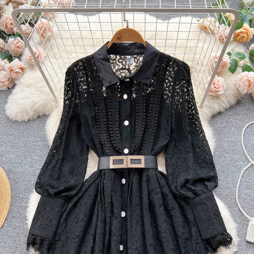 Elegant Chic Lace Hook Flower Hollow Long Sleeve Lapel Dress Party A-line Vestidos High Waist Basic Women Autumn Winter Dress