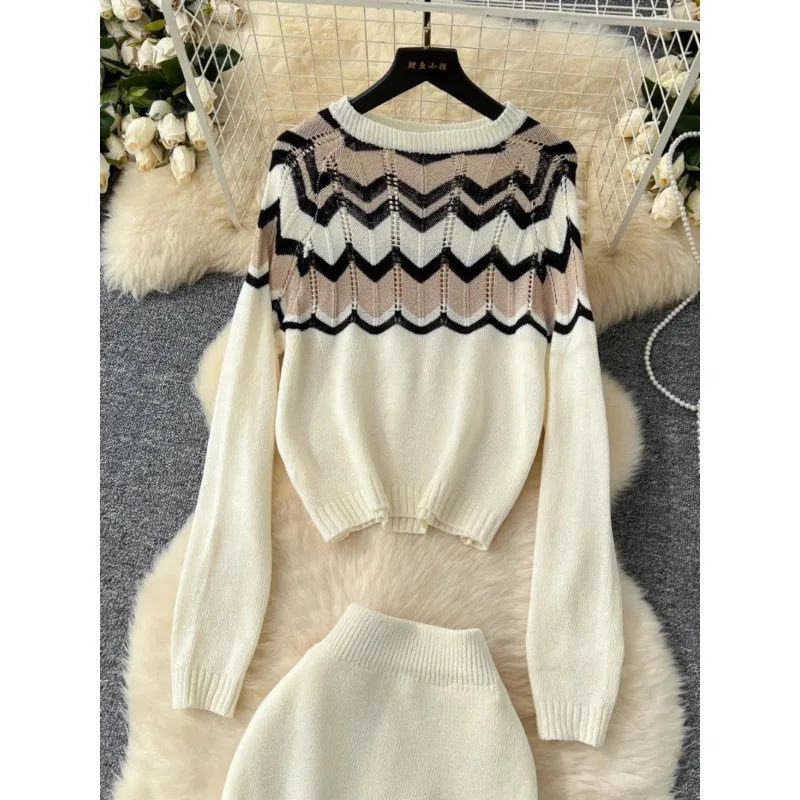 Korea Fashion Vintage Contrast Wavy O-neck Long Sleeve Knitted Sweater Tops High Waist Slim Skirt Women Two-piece Sets Autumn