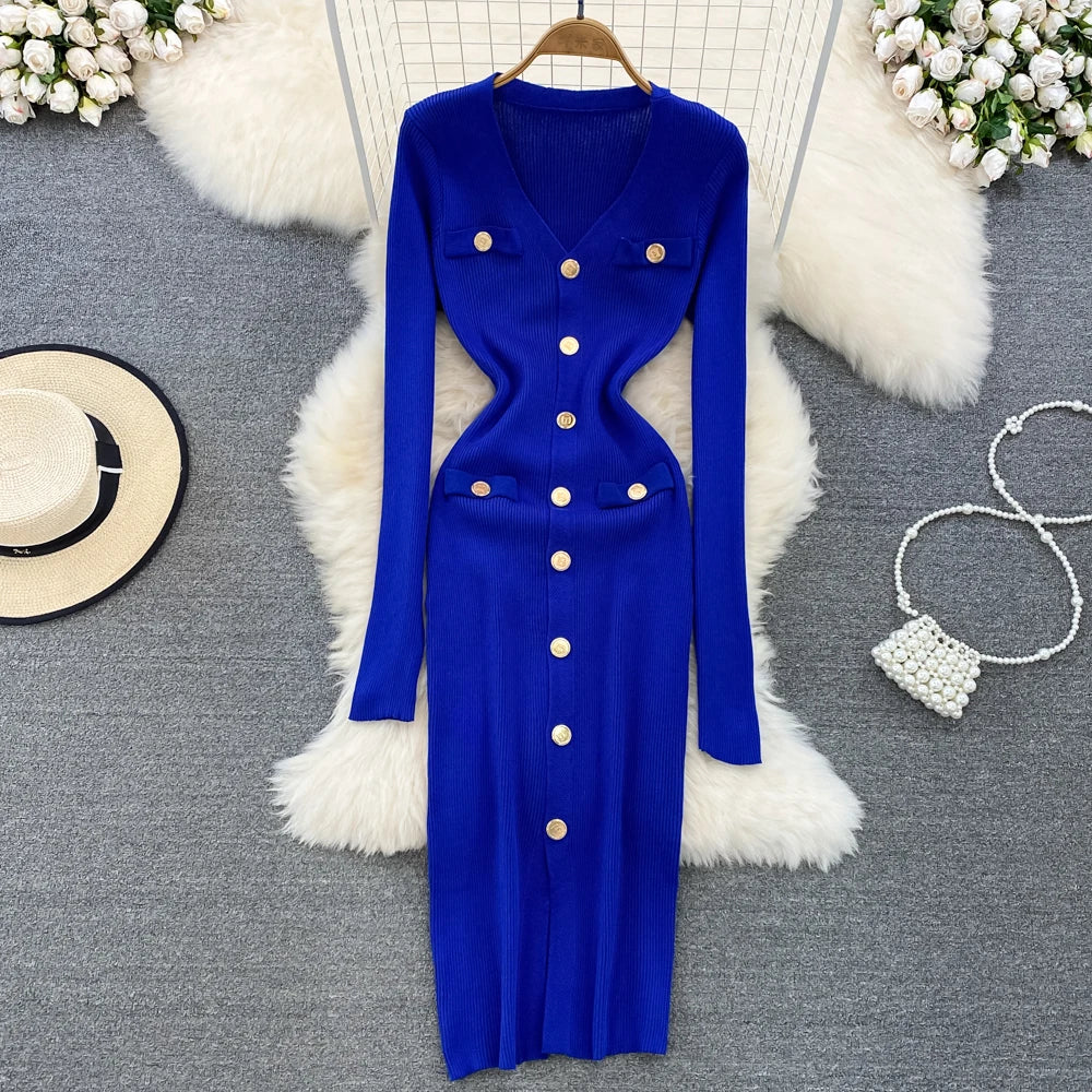 Sexy Split V-neck Long Sleeve Bodycon Dress Chic Elegant Evening Party French Fashion Knit Vestidos Women Autumn Pencil Dress