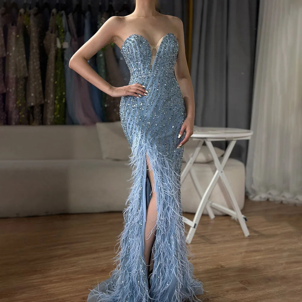 Serene Hill 2024 Arabic Strapless Blue Beaded Feathers Luxury Dubai Evening Gowns with Side Skirt for Women's Party LA72695