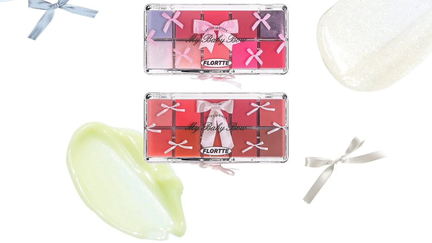 FLORTTE 10-Color Lip Palette Lip Gloss and Lipstick Glossy Moisturizing Pigmented Multifunctional Easy to Apply