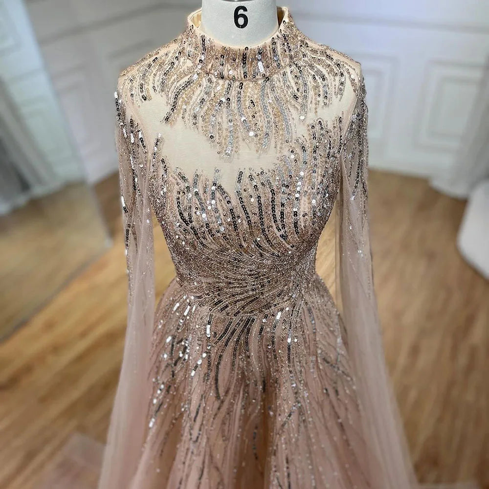 Serene Hill Caramel Luxury Evening Dresses with Cape Sleeves A-Line Beaded Lace Gown For Women's Wedding Party 2024 LA72386