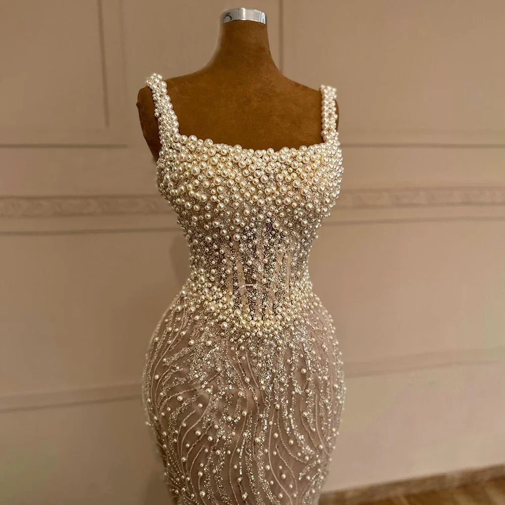 SERENE HILL 2024 White Nude Spaghetti Strap Mermaid Beaded Evening Dresses Luxury Pearls Gowns For Women Wedding Party GLA72266
