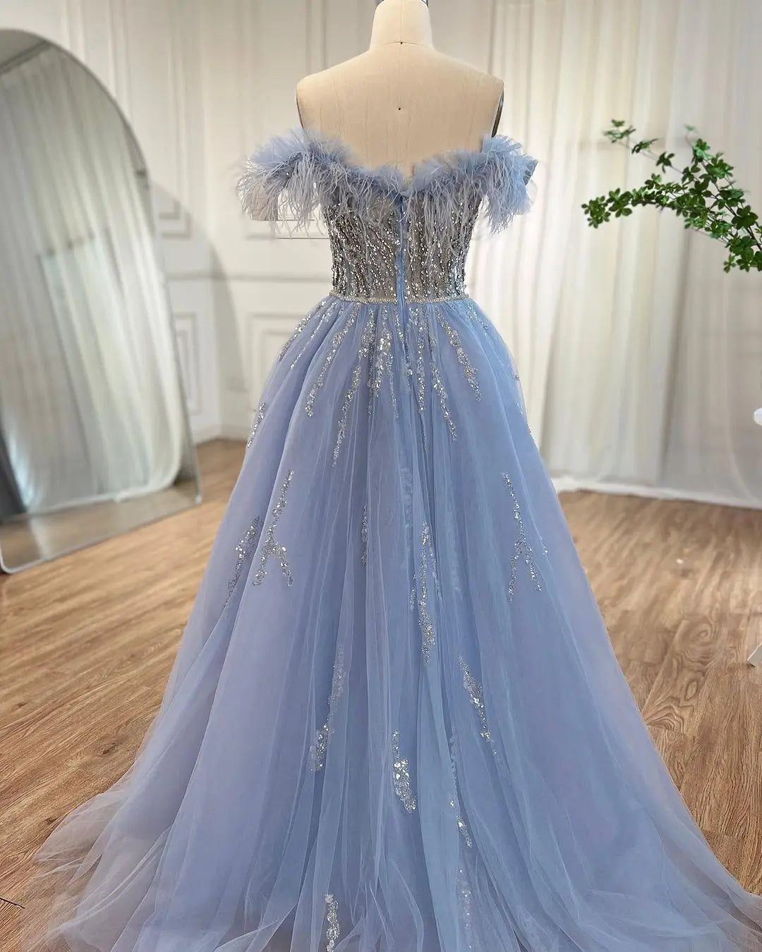 SERENE HILL 2024 Blue Feather Mermaid Luxury Beaded Evening Dresses Overskirt Formal Pink Gowns For Women Wedding Party GLA72061