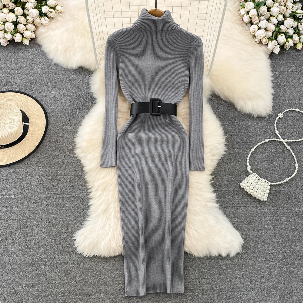 Elegant Turtleneck Long Sleeve Knit Soft Tight Pencil Dress with Belt Slim Fashion Warm Sweater Vestido Sexy Women Winter Robe