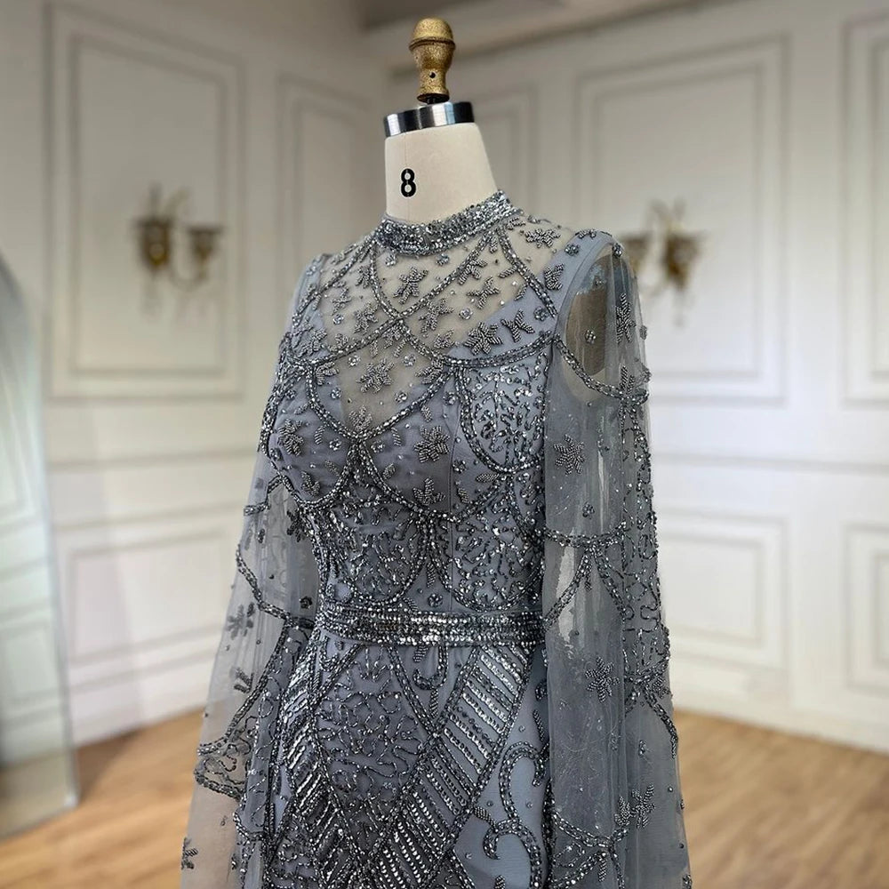 Serene Hill 2024 Muslim Nude Mermaid Elegant Bell Sleeve Beaded Luxury Dubai Long Evening Dress for Formal Occasion LA72316A