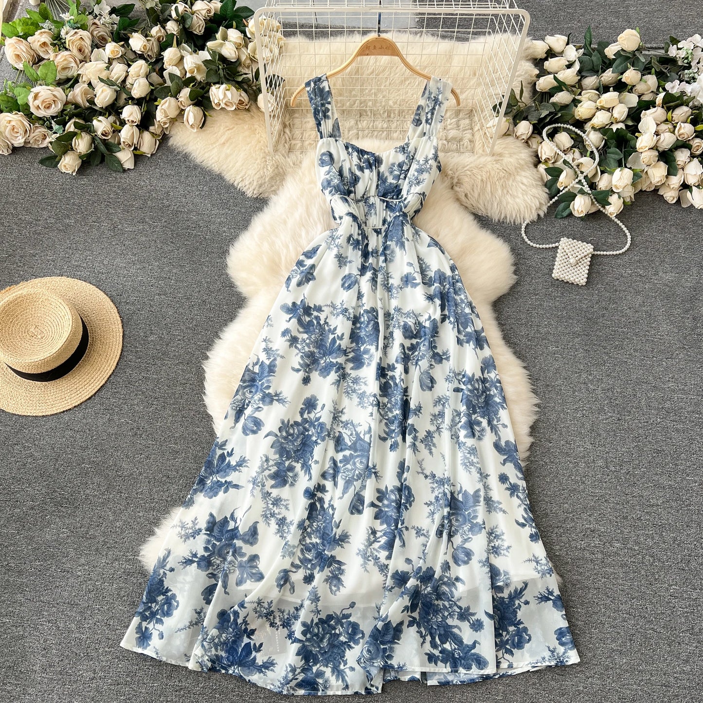 French Blue Printing Beach Long Dress Women Retro Floral Elegant Party Dresses Ladies Slim A-line Sleeveless Chiffon Long Robe