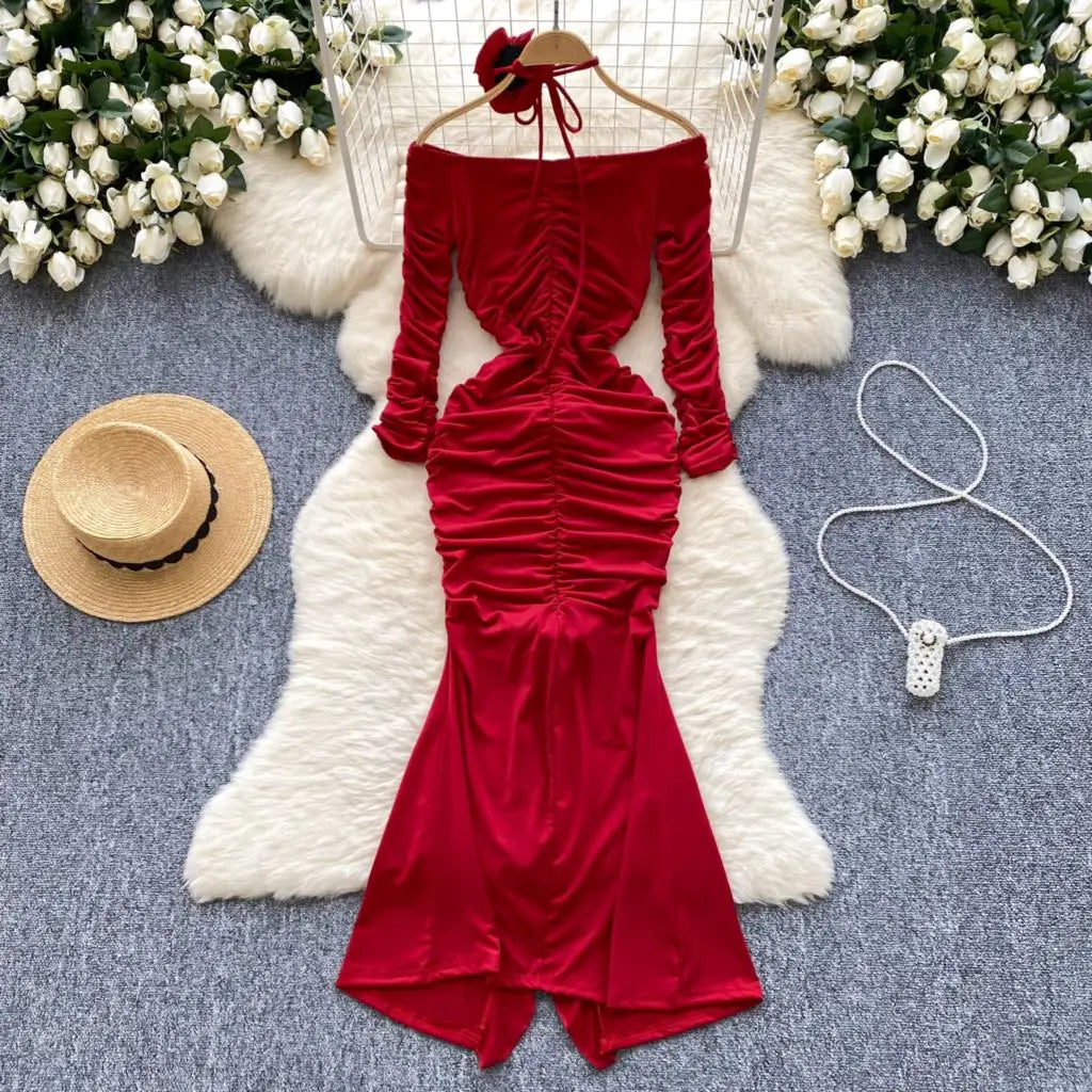 Sexy Elegant and Chic Women Pleated Mermaid Dress Strapless Bodycon Slim Evening Party Christmas Dresses Female Clothes Mujers