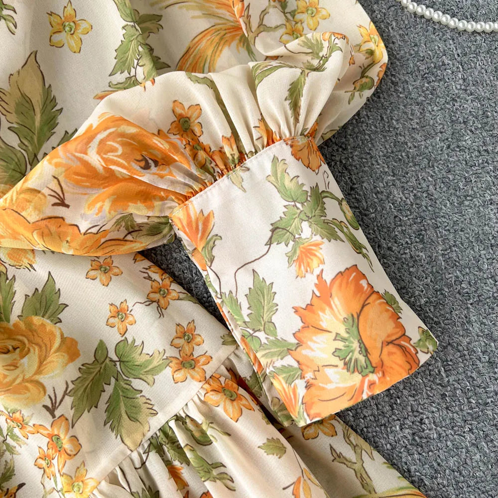 Elegant Party Dresses For Women Stand Collar Vintage Floral Print Dress Long Sleeve Holiday Beach Chiffon Mini Dress With Belt