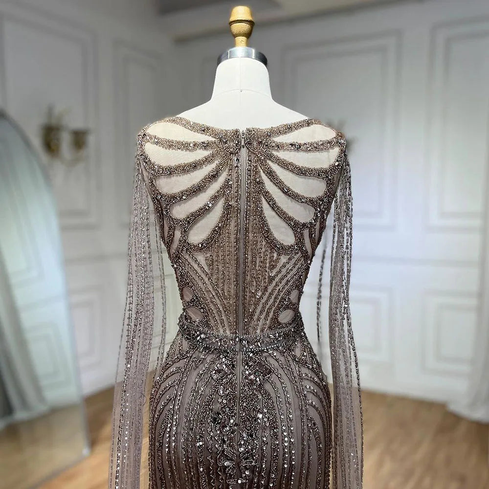 Serene Hill Brown Mermaid Elegant 2024 With Cape Sleeves Beaded Luxury Evening Dresses Gowns For Women Party LA70638