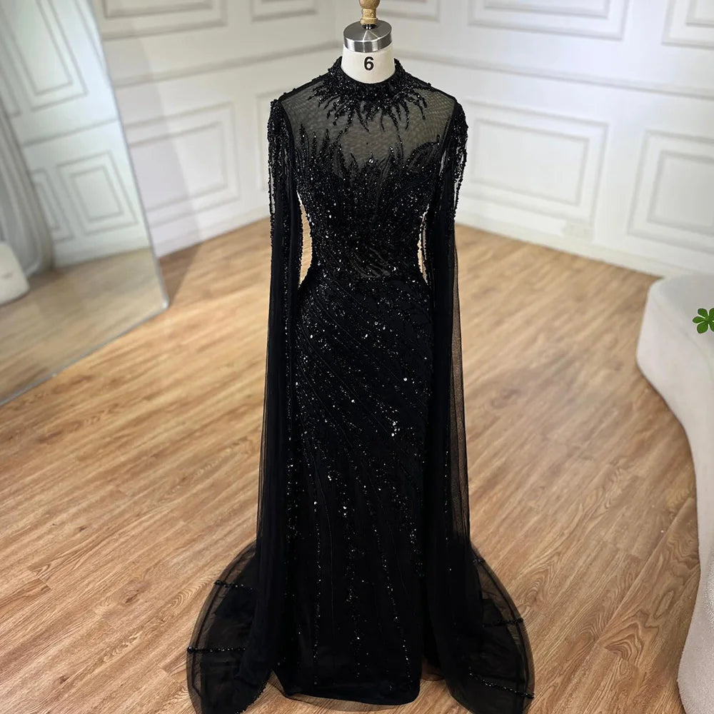 Serene Hill 2024 Nude Cape Sleeves Mermaid Lace Beaded Luxury Dubai Long Evening Dresses Gowns For Formal Occasion LA71885A