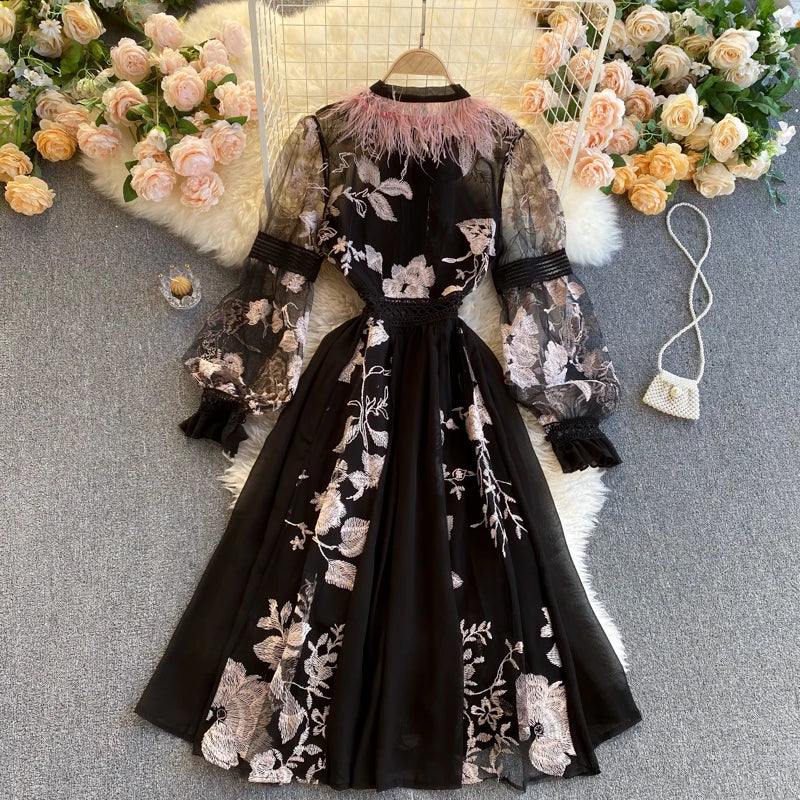Retro Print Floral Embroidery Elegant Lace Up Dress A-line Long Sleeve Casual O-neck High Waist Dress Women Ceremonial Dress
