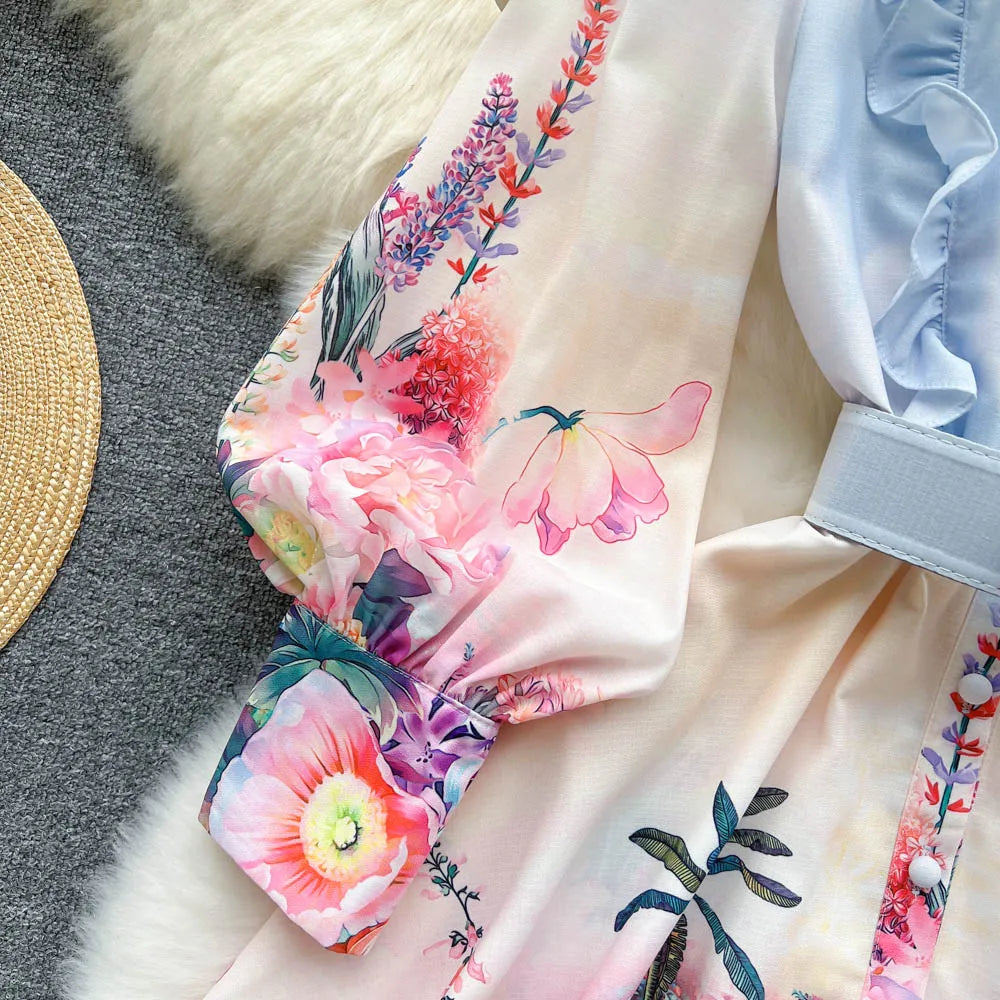 Chic Print Ruffle Elegant Puff Sleeve Dress A-line Casual Belt Beach Vacation Mini Dress Women Fashion Summer Spring Vestidos