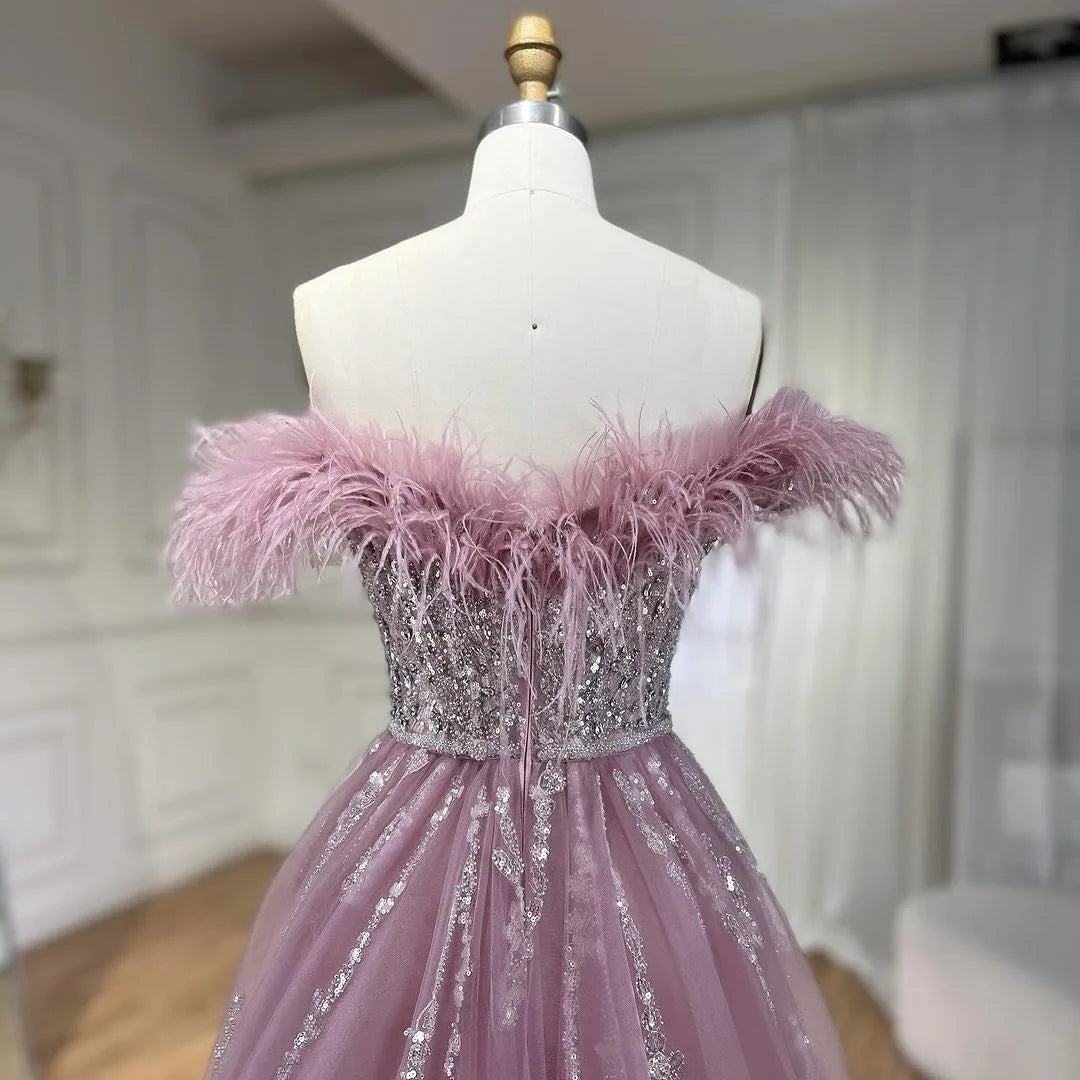 SERENE HILL 2024 Blue Feather Mermaid Luxury Beaded Evening Dresses Overskirt Formal Pink Gowns For Women Wedding Party GLA72061