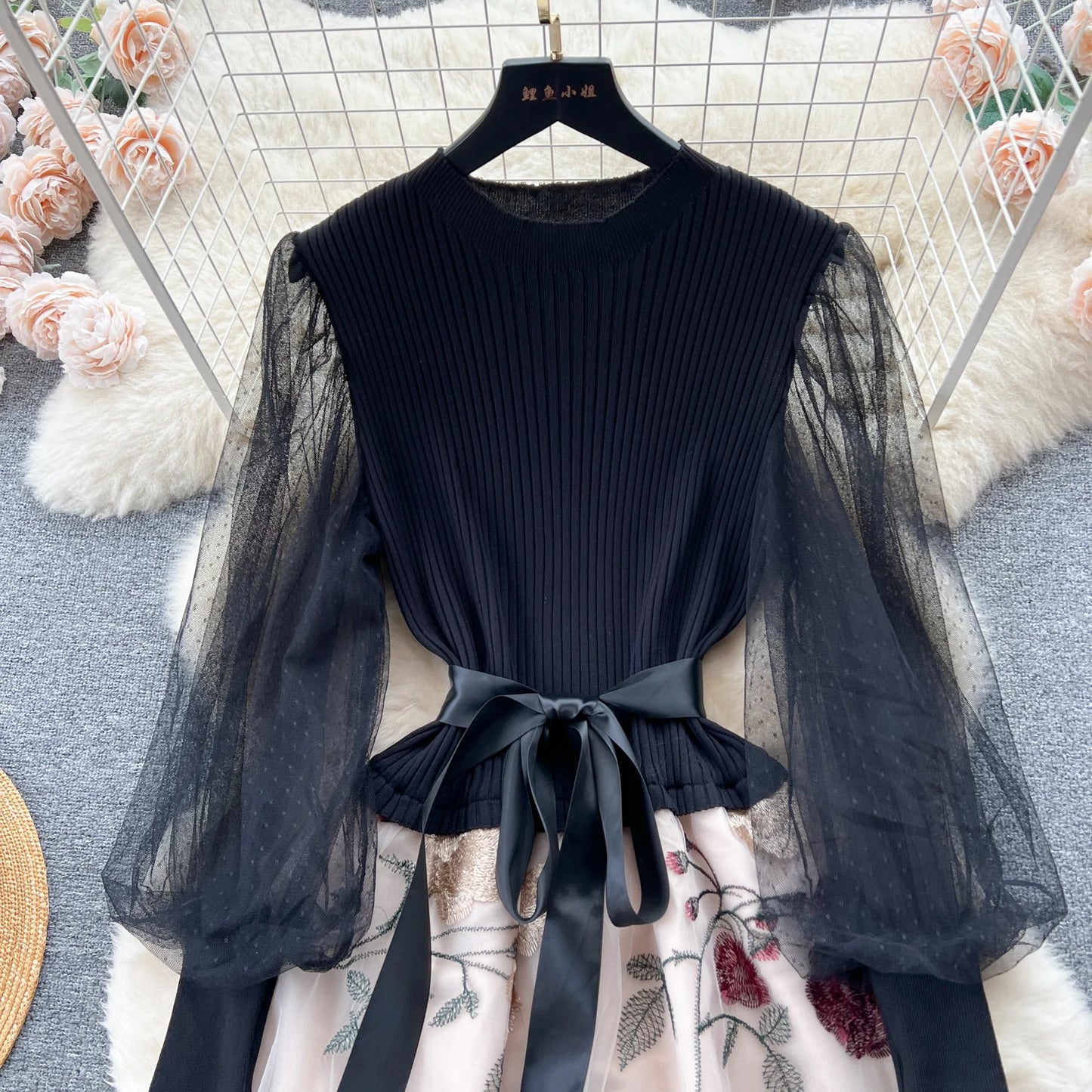 sweet knit PATCHWORK embroidery mesh Dress French Party Elegant Summer Sexy Slim Women dresses