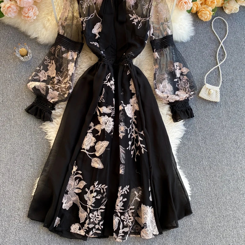 Retro Print Floral Embroidery Elegant Lace Up Dress A-line Long Sleeve Casual O-neck High Waist Dress Women Ceremonial Dress