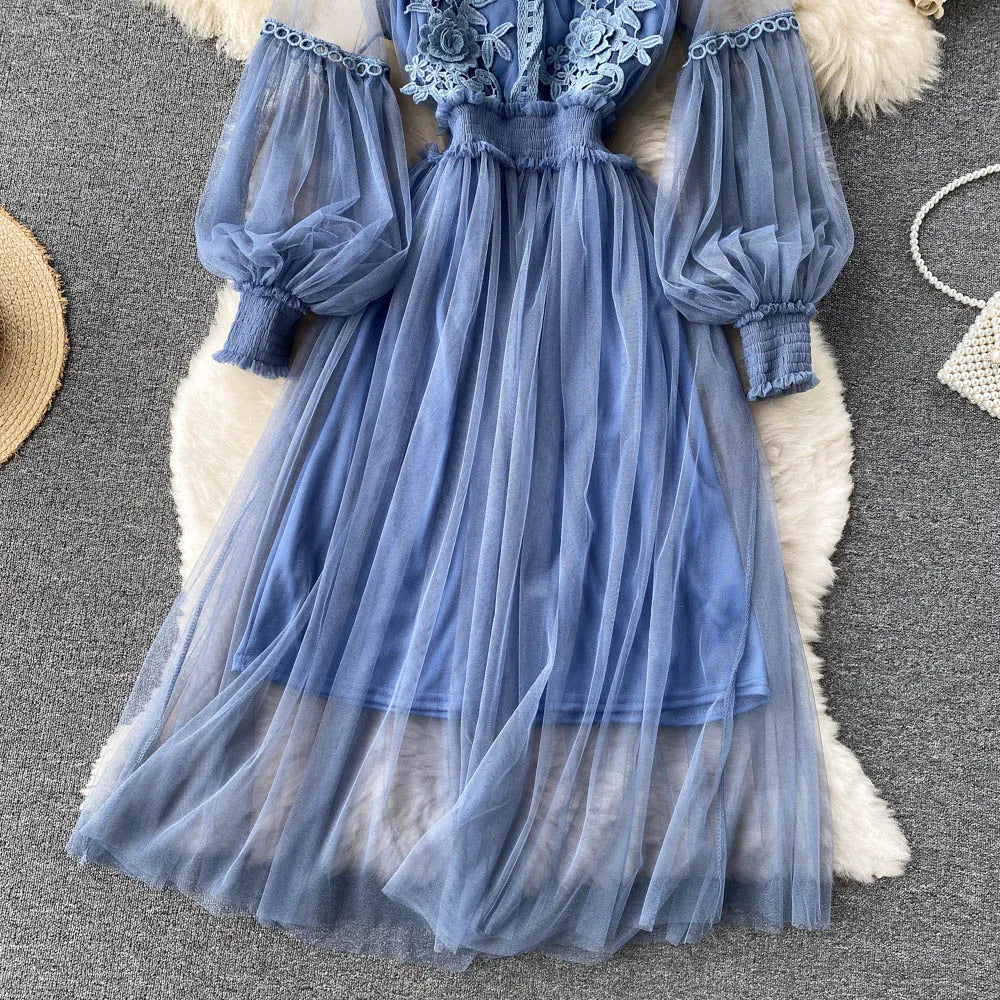 Retro Elegant Mesh Pleated two pieces Dress sets Sexy Fairy puff sleeve Summer Casual Vestidos Slim Women Evening Party Dress