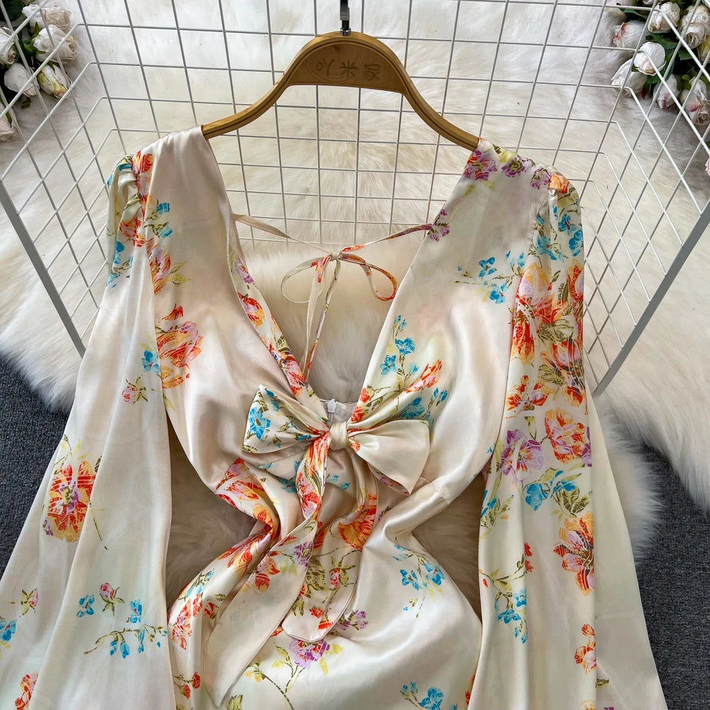 Sexy Bodycon Satin Floral Long Dresses for Women Lantern Sleeve V-Neck Slim Mermaid Evening Party Dress Prom Robe New Vestidos